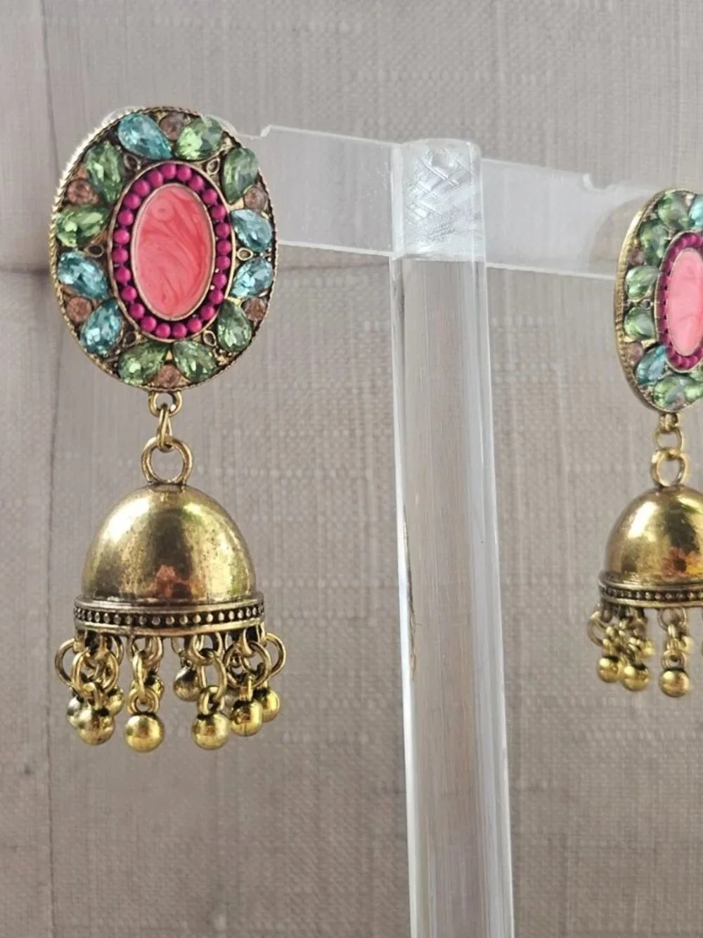 Pakistani Earrings Jhumka Fashion Jewelry Gold Tone Pink Beads Chandelier New - Picture 5 of 13